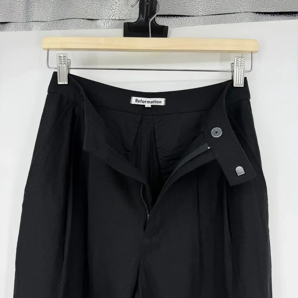 Reformation | Earl Pant in Black High Rise Pleated Linen Trousers 0